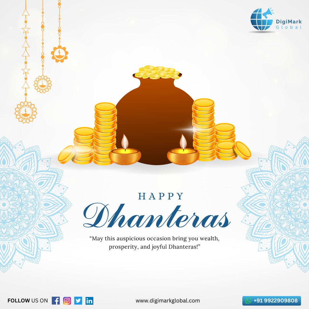 DigimarkGlobal's tweet photo. ✨ Wishing you prosperity, success, and happiness this Dhanteras! ✨

May this festive season bring wealth, health, and abundance to you and your loved ones. 
Happy Dhanteras! 🪔✨ 

#Dhanteras2024 #FestivalOfProsperity #HappyDhanteras https://t.co/D089aI90E3
