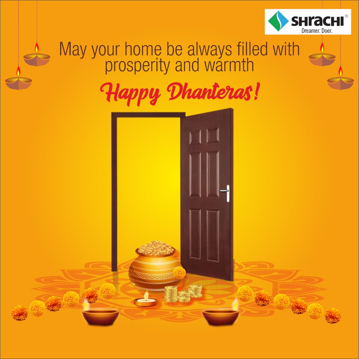 May this Dhanteras bring new dreams, fresh hopes, and unending happiness to your life. May Goddess Lakshmi bless your home with abundant wealth and prosperity on this auspicious day of Dhanteras.

#FestiveSeason #Dhanteras #Blessings