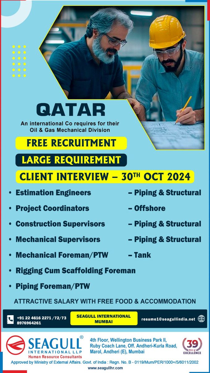 hrd1_seagull's tweet image. 🇶🇦Qatar Jobs 
✔Free Recruitment - Large Requirement 
💻 Client Interview On 30th Oct 2024
📍Location - Mumbai
.

.

.
#qatarjobs #seagull #estimationengineer #constructionsupervisor #pipingforeman #mechanicalforeman