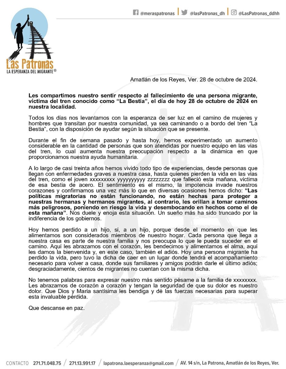 Comunicado de hoy 28/10/2024
Lamentamos lo que ocurrió hoy por la mañana al pie de la vía en nuestra casa. 
Por esto deben cambiar las reglas y las formas de atender el tema migratorio. 
Todo requiere una transformación de fondo. 
Aquí los hechos: