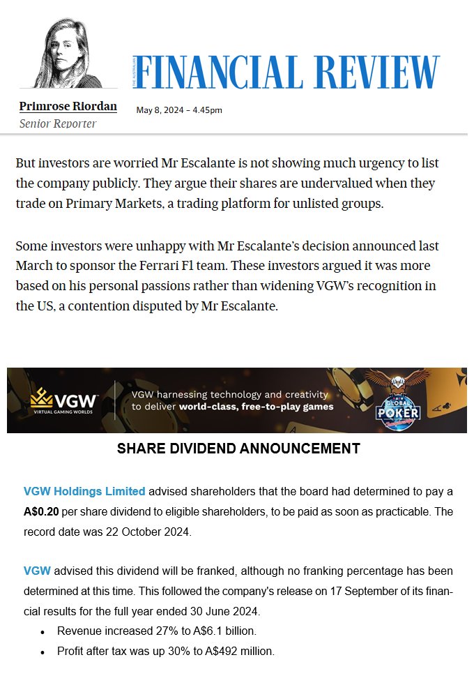 GregDwyer74's tweet photo. 27% increase in revenue, near on half a billion profit after tax, up 30%. Imagine copping those numbers and still being an unhappy shareholder! 20% annual dividend returns, almost fully franked. Try and get all that on the end of a shovel and see how happy you end up.

$vgw #vgw https://t.co/6hgF7BkLFW