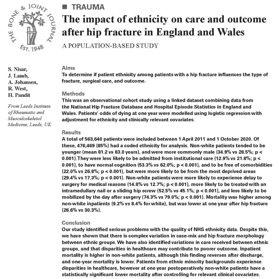 The Bone & Joint Journal (@bonejointj) on Twitter photo Non-white patients have a higher inpatient mortality, but this improves after discharge so that their survival at one year is significantly better than that of white patients.
#BJJ #Ortho #Ethnicity <a href="/Sohail_Orthopod/">Sohail Nisar</a> <a href="/lambjn/">Josh Lamb</a> <a href="/AntonyJohansen/">AntonyJohansen</a> <a href="/HPandit_ortho/">Hemant Pandit</a>
ow.ly/gBga50TEp53 Non-white patients have a higher inpatient mortality, but this improves after discharge so that their survival at one year is significantly better than that of white patients.
#BJJ #Ortho #Ethnicity <a href="/Sohail_Orthopod/">Sohail Nisar</a> <a href="/lambjn/">Josh Lamb</a> <a href="/AntonyJohansen/">AntonyJohansen</a> <a href="/HPandit_ortho/">Hemant Pandit</a>
ow.ly/gBga50TEp53