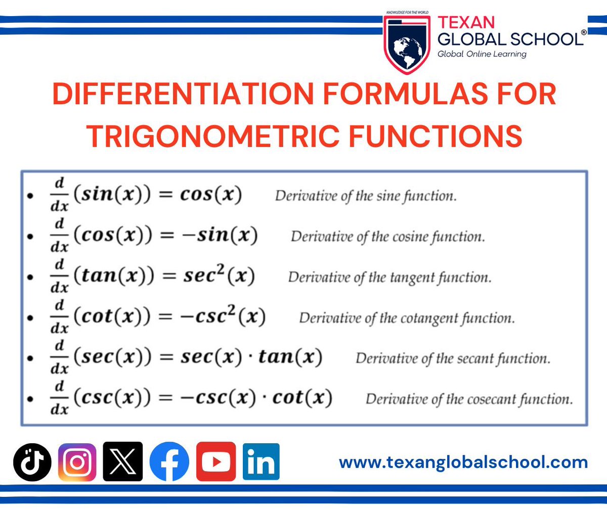 TexanGlobSchool's tweet photo. Just sharing these resources about Differentiation Formulas for trigonometric functions - chain rule. Differential Calculus.
VIDEO: https://t.co/Tifell5nar
Online workshop: https://t.co/UcXDibP0qB
#calculus #differentialcalculus #derivatives #DifferentiationFormulas #chainrule https://t.co/6HFSVOF6Ex