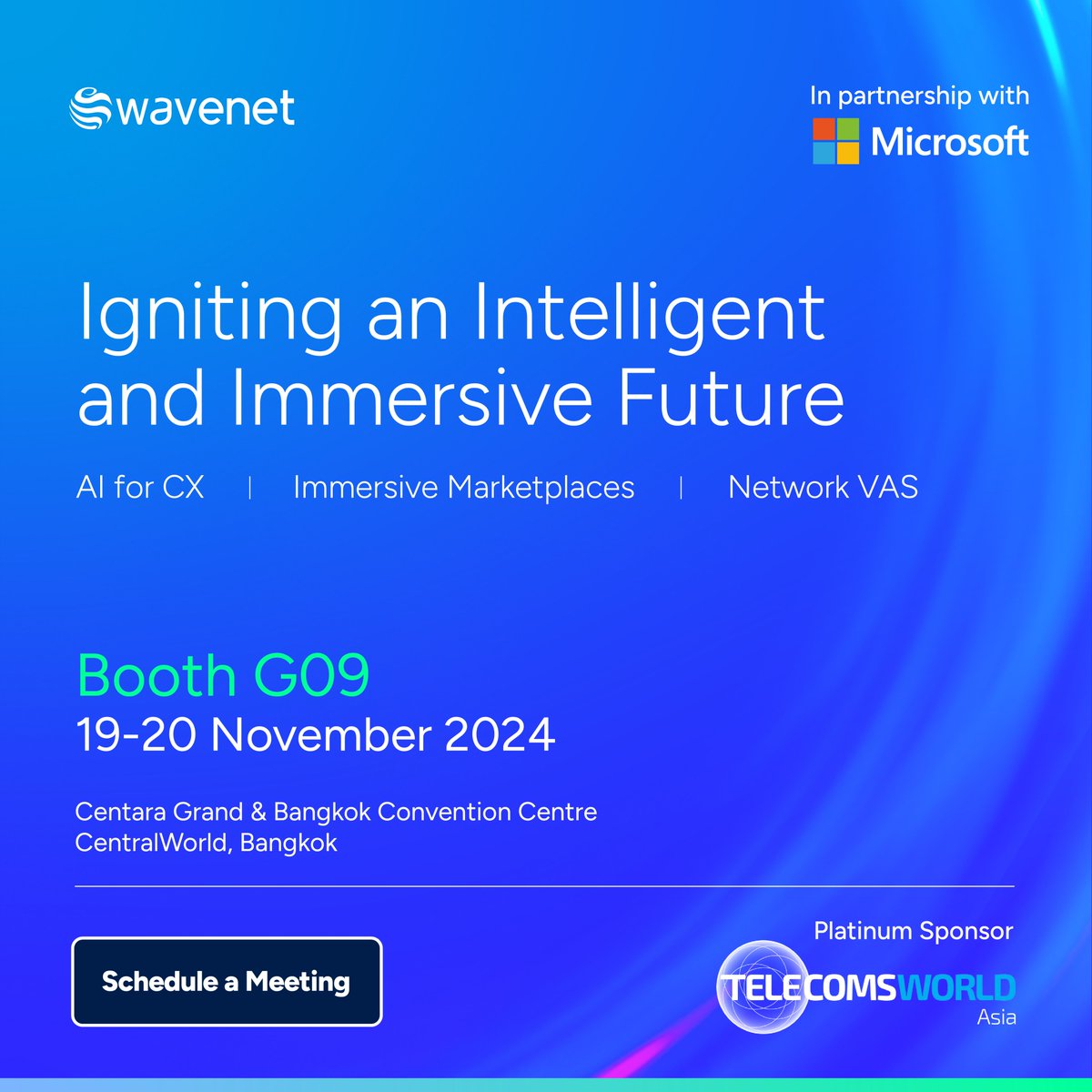 Wavenet_'s tweet image. Meet us at #TelecomsWorldAsia 2024 – book a meeting: globalwavenet.com/telecoms-world…

In partnership with @Microsoft, we are excited to showcase our next-gen customer experience solution, Sense #AI, and #Hypermart, a multi-asset marketplace that goes beyond APIs.

#TWA #Thailand #Telecom