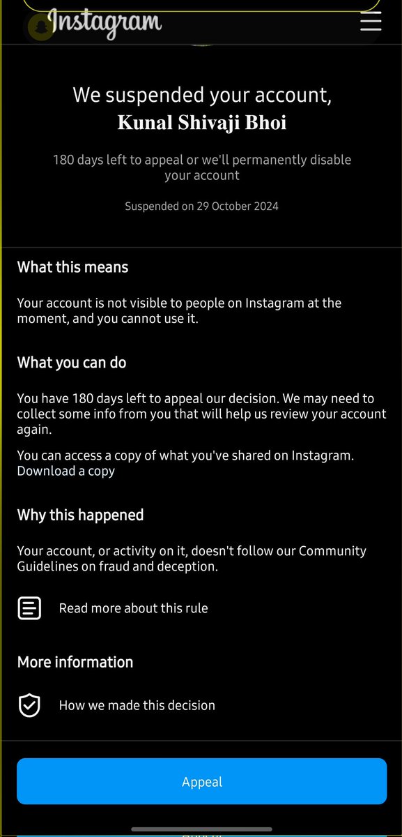 kunalbhoi_'s tweet photo. Got my account back after being wrongly banned for ‘copied content.’ Guess Instagram needs to update its detection skills… maybe hire some humans instead of bots? #DoBetterInstagram @finkd https://t.co/h3hI0RT07M