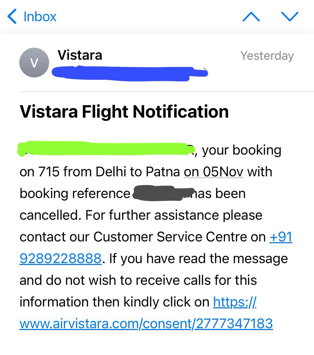 yudhyavir's tweet photo. On the eve of #Chaath festival, and it’s great service #Vistara cancel its flight to Patna from Delhi on 5th Nov.
So, my ticket to Patna got cancelled.
👏👏👏
@airvistara
@DGCAIndia
@RamMNK
@NitishKumar
@PMOIndia https://t.co/DzDFvYnFFa