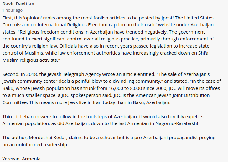 dbdavidian's tweet photo. See my reader response, copied from JPost . com to "To the Lebanese people: Don’t follow Hezbollah, be like Azerbaijan - opinion" https://t.co/Q9lVI8zGYb
#armenia #azerbaijan #israel #jews #iran  #propaganda https://t.co/a1WDsP1XcM
