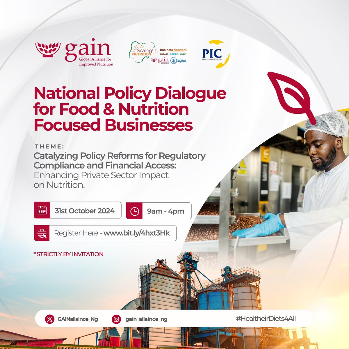 🚨Join us for the National Policy Dialogue for Food &amp; Nutrition-Focused Businesses! Stakeholders will discuss policy reforms that will enhance regulatory compliance &amp; financial access for nutrition-focused businesses. 🌱🥗

🔗 Register: bit.ly/4hxt3Hk

#PolicyDialogue