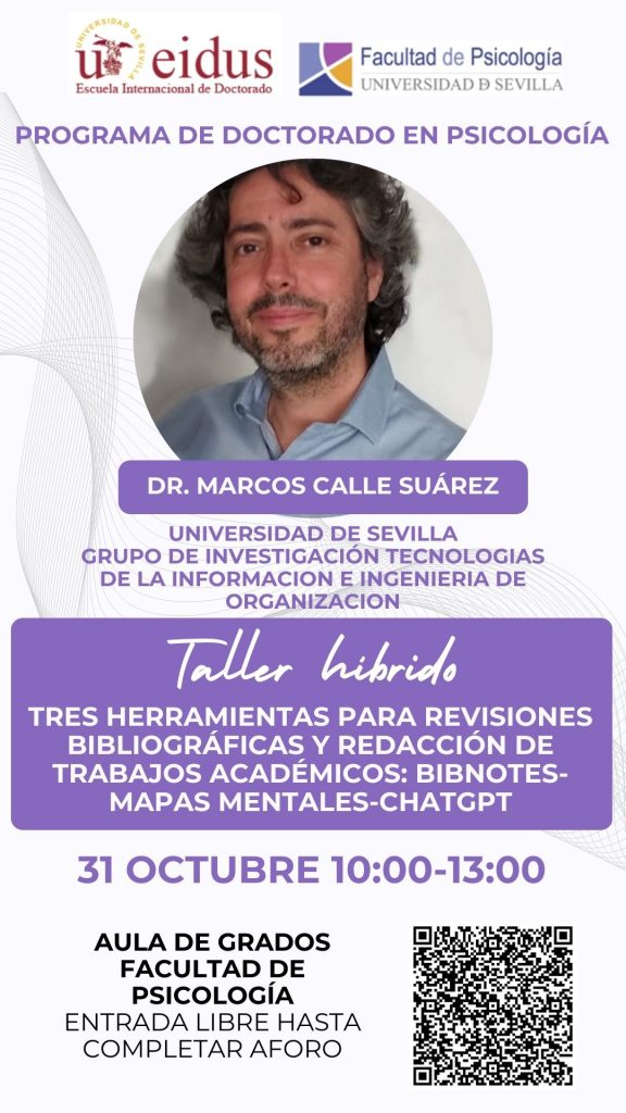 fjcanogarcia's tweet photo. ¿TFG, TFM, tesis doctoral, artículo? Aprovecha este taller práctico organizado por el programa de #doctorado @PsicologiaUS @unisevilla, a cargo del profesor Marcos Calle en el aula de grados de Psicología (trae portátil) o únete capturando el QR. #BibNotes #MapasMentales #ChatGPT https://t.co/ryjgSrWuZF