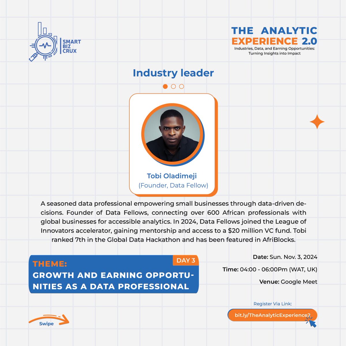 smartbizcrux's tweet photo. Day 3 of The Analytic Experience promises to be an insightful one. Join us as we explore the world of data driven decision making with industry expert  Tobi Oladimeji.

#theanalyticexperience
#TAE2

Register with the link below!

https://t.co/1iW2zxYOu9 https://t.co/28lPlSWBNE