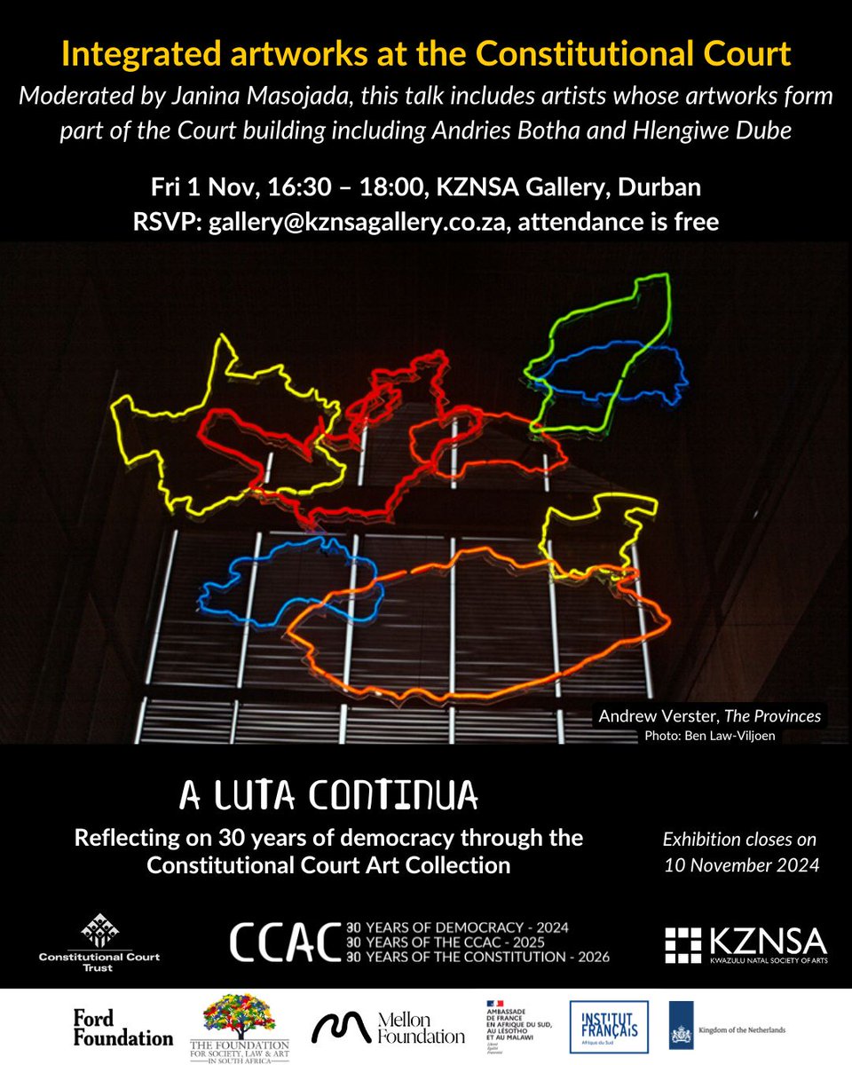 Join us this Friday at <a href="/kznsagallery/">KZNSA</a> related to the CCAC travelling exhibition A Luta Continua for a talk about the integrated artworks at the Constitutional Court, moderated by court architect Janina Masojada.

Free of charge, but please RSVP: gallery@kznsagallery.co.za
