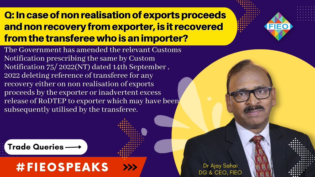 FieoHq's tweet photo. #TradeQueries

Q: In case of non realisation of exports proceeds and non recovery from exporter, is it recovered from the transferee who is an importer?

#FIEOSpeaks #exports #imports #nonrealisation #exportsproceeds #nonrecovery #exporter #transferee #importer #customs #RoDTEP https://t.co/AE9zTQc3nQ