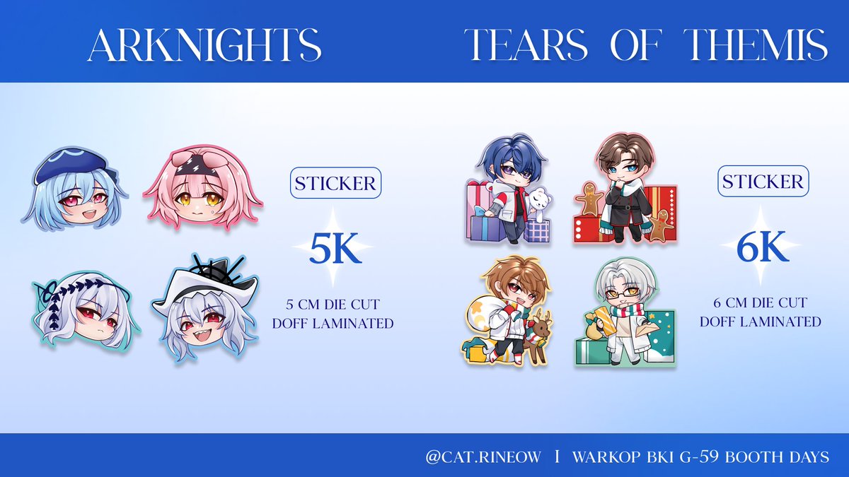 [RTs and likes, are appreciated ♥ ] 

📦OTS only 
📍Booth G-59 (WARKOP BKI) Both Days

Fandom: Honkai Star Rail, Vocaloid, Arknights, Tears of Themis, Alien Stage, Genshin Impact, Chainsaw Man

#cf19 #comifuro19 #cf19catalogue