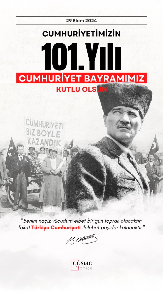 "Benim naçiz vücudum elbet bir gün toprak olacaktır, ancak Türkiye Cumhuriyeti ilelebet payidar kalacaktır."
Mustafa Kemal Atatürk

Cumhuriyetimizin 101. yılı kutlu olsun! Bayramımız Kutlu Olsun! 
.
#29EkimCumhiyetBayramı