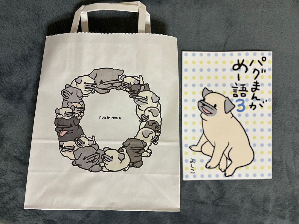 印刷屋さんからめー語3が到着しました。36Pの小さな本ですが、書きおろしつき、本文もカラー印刷です(一部モノクロ4コマ有り)
デザインフェスタ当日、1000円以上お買い上げの方はノベルティのパグ紙バッグで商品をお持ち帰りいただけます。※数に限りがあります 