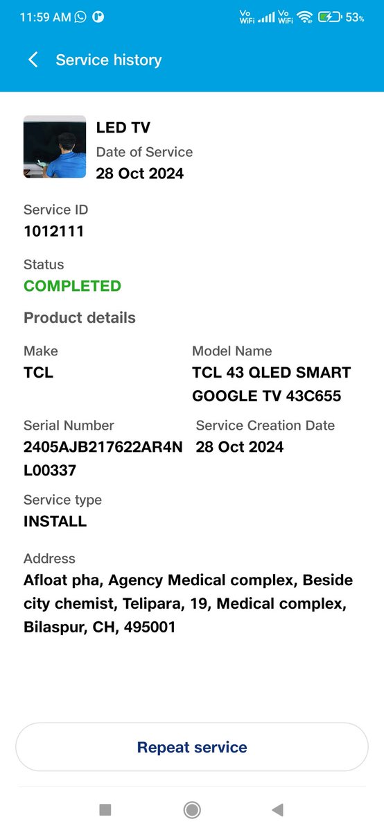 RohanRc28's tweet photo. @JioMart_Support @JioCare I bought A tv From @JioMart On 26/10/24 &amp; it's delivered on 27/10/24 But There is no sign of  installation of my Tv till now. They Have 2 Installation completed without unboxing the box with same serial number https://t.co/zYXVgI9ULM