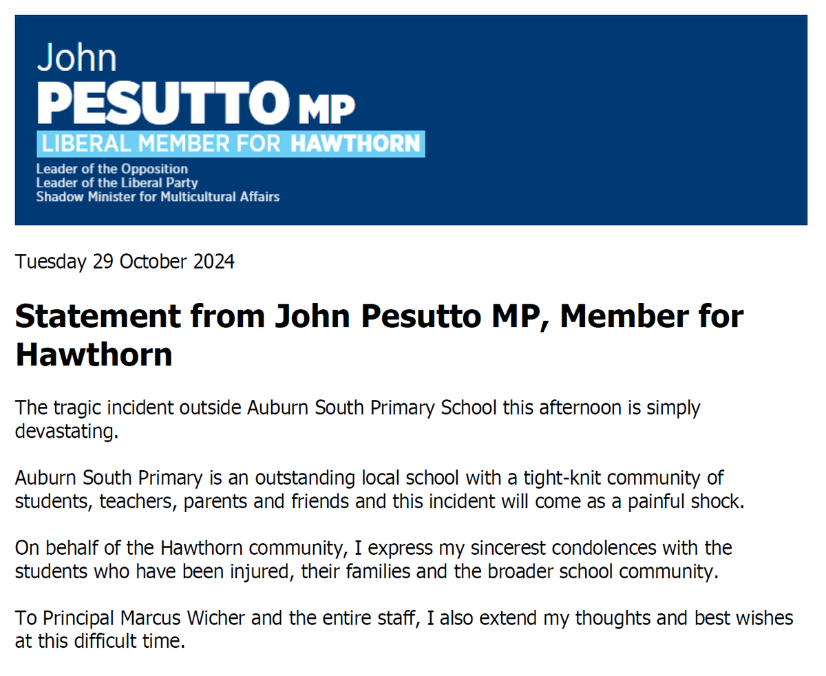 JohnPesutto's tweet photo. My statement on the tragic incident at Auburn South Primary School. JP https://t.co/vw4UMlSOeq