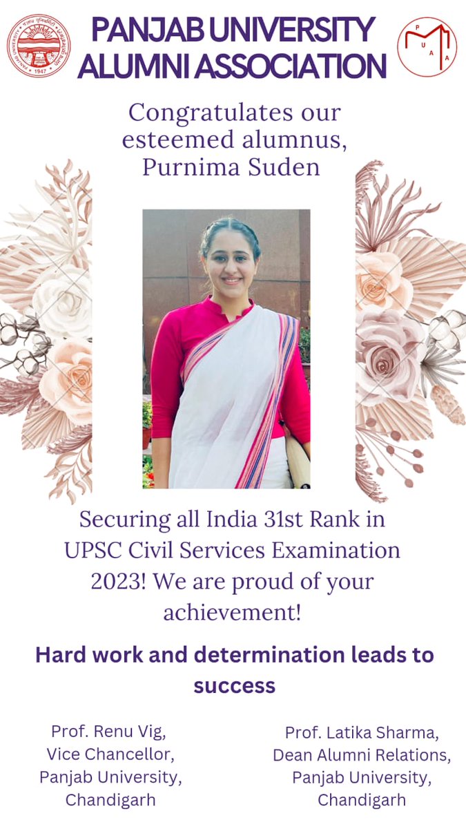 PUChdAlumni's tweet photo. PUAA congratulates Purnima Suden, a gold medalist alumna of Dept. of Economics,PU, Chd, presently under training of IES, at Hyderabad, clears civil services examination, 2023. UPSC has declared the reserved merit list today wherein Purnima Suden has secured all india 31st rank. https://t.co/gwE80BArIq