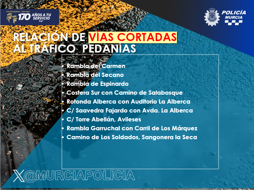 #BuenosDias 
🌧️🚧Se informa de las siguientes calles y vías cortadas en el municipio de Murcia debido a la #Lluvia.

Tenlo en cuenta en tus desplazamientos.