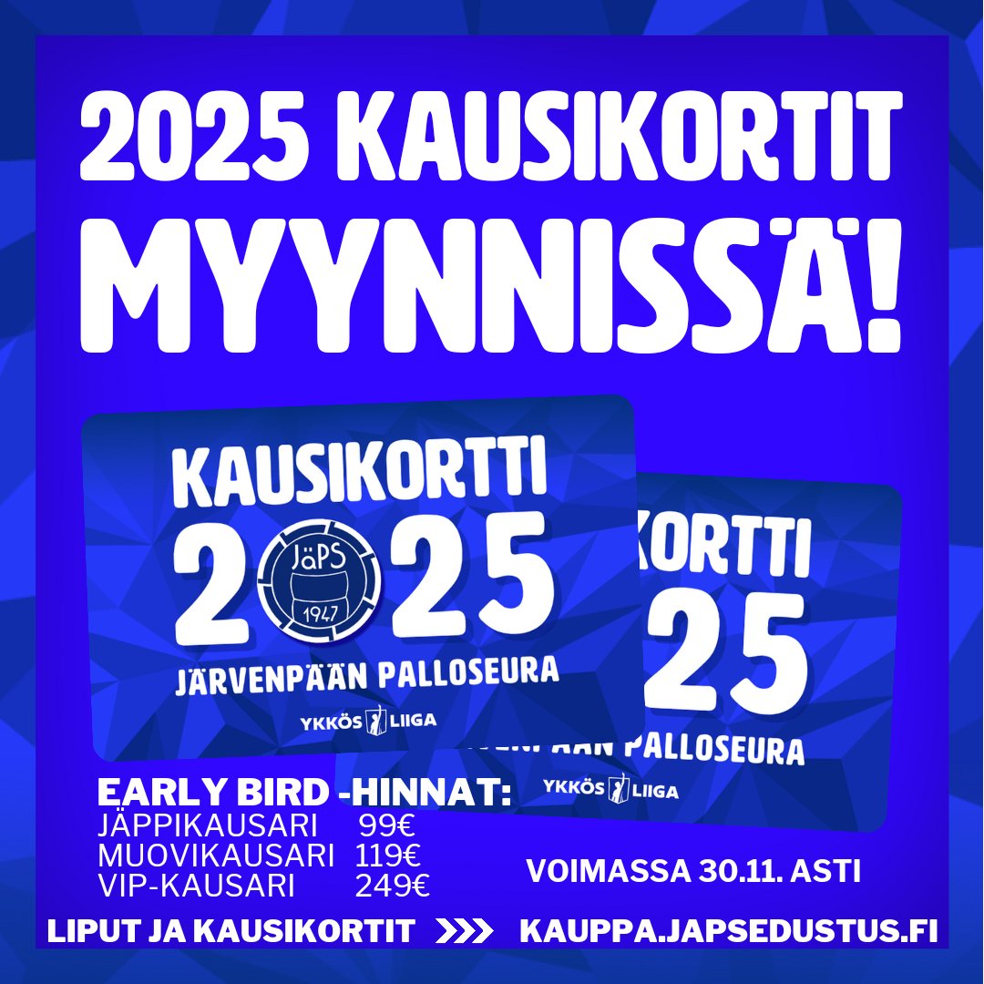 JapsEdustus's tweet image. 9Vielä ehdit hankkia 2025 kausikortit alennushinnoin ja samalla auttaa ensi vuoden joukkueen kokoamista!

JÄPPI-kausari 99€
Muovikortti 119€
VIP 249€

Lisäksi tarjolla on lahjavinkki (6-pack lippupaketti), joka sisältää 6 kpl aikuisten matsilippua.
#mukana2025 #ykkösliiga