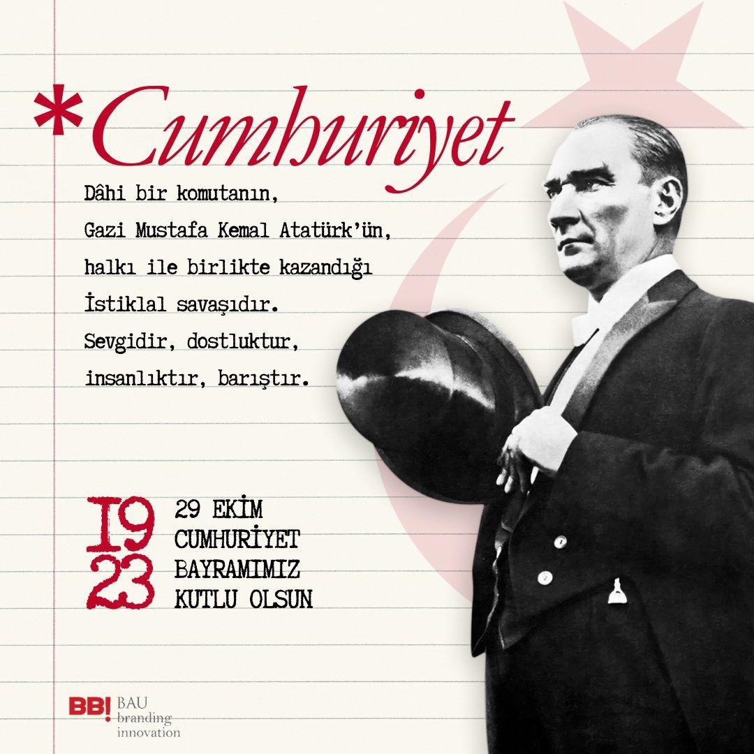 Cumhuriyetimizin 101. yılını gururla kutluyoruz! Atatürk’ün bize miras bıraktığı bu eşsiz değer, geleceğe umutla bakmamızı sağlıyor. Cumhuriyet, özgürlük, eşitlik ve bağımsızlığın simgesi; bu yolda yürüyen gençlerle daha da güçlü! Nice aydınlık yıllara… 🇹🇷 #Cumhuriyet101 #29Ekim