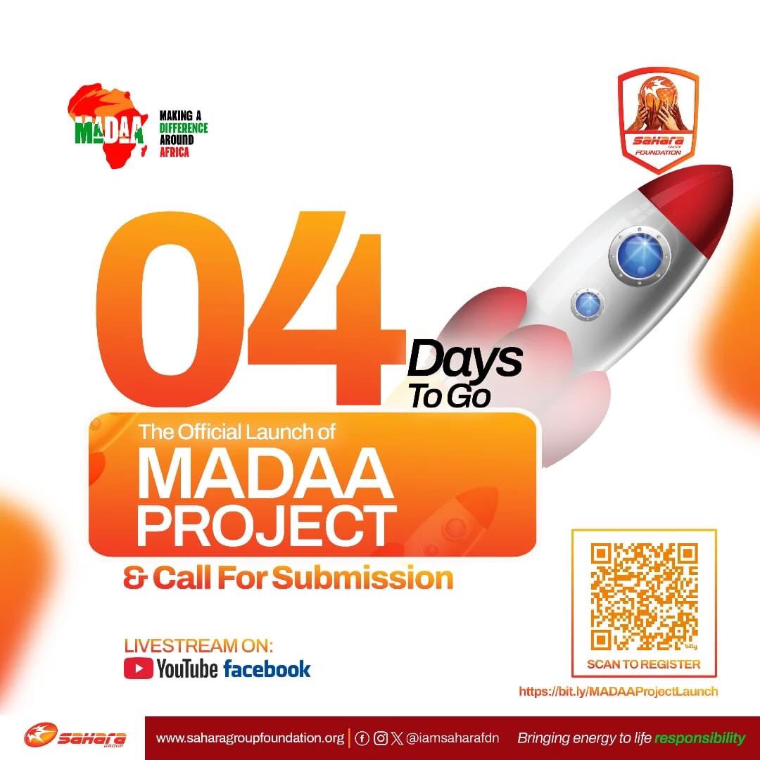iamsaharafdn's tweet photo. T-minus days to the MADAA official Launch ๐ฅณ๐ฅณ๐ฅณ
Register by clicking the link in our bio.
Making A Difference Around Africa - MADAA! ๐คฉ
#3DaysToGo
#MADAA
#EXTRA
#CountDown
#EXTRAGang
#makingadifference
#EXTRApreneurship
#BuildiingSustainableCommunities https://t.co/ji7TsOYu7A