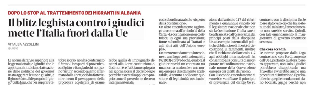 vitalbaa's tweet photo. Oggi spiego gli emendamenti della Lega al disegno di legge sulla separazione delle carriere, con cui si vorrebbe risolvere il problema Albania, e non solo.

Gli emendamenti affermano il principio che la legge italiana prevalga su quella europea e che i giudici non possano disapplicarla, ma solo rivolgersi alla Corte costituzionale.

Ma in quegli emendamenti della Lega c’è qualcosa di peggio: è il tentativo di far uscire surrettiziamente l’Italia dall’Ue, mediante il disconoscimento dei vincoli (ad esempio, quelli di bilancio) derivanti dall’appartenenza all’Unione. Chissà quanti lo hanno davvero compreso.

@DomaniGiornale 

https://t.co/CsLah2smyd