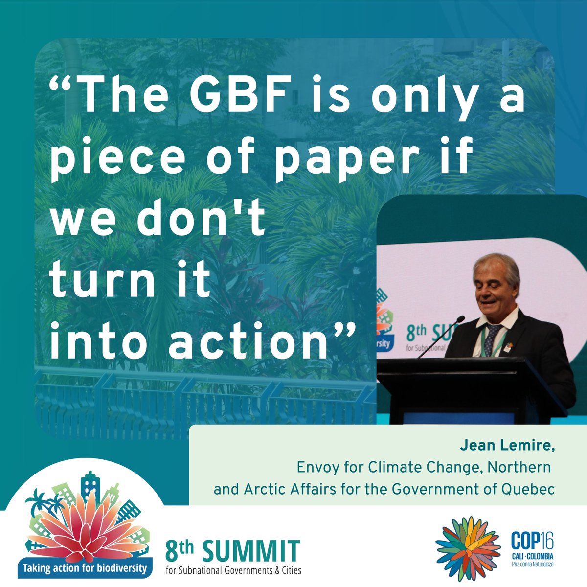 With the first-ever subnational contribution to the #BiodiversityFrameworkFund &amp; funding #PlazaQuebec at #COP16Colombia, <a href="/GouvQc/">Gouvernement du Québec</a> shows its dedication to the #KMGBF &amp; fostering collaboration across govts.

#8thSummitCOP16
#PeaceWithNature

<a href="/UNBiodiversity/">UN Biodiversity</a>
<a href="/ICLEI/">ICLEI</a>
<a href="/Regions4SD/">Regions4</a>
<a href="/UNEP/">UN Environment Programme</a>