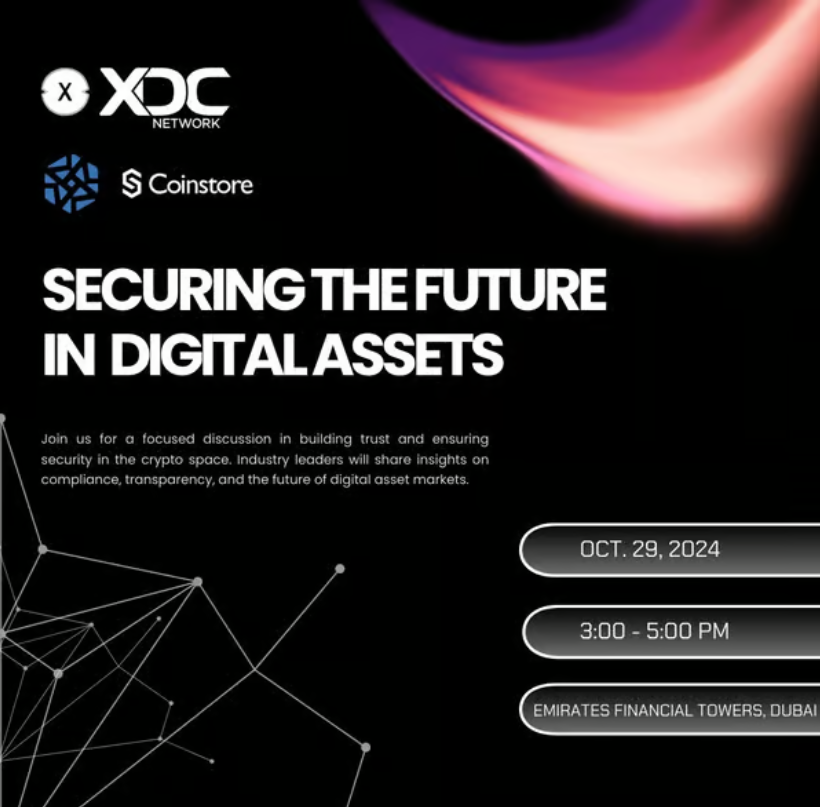 XDCNetwork's tweet photo. Join us today for an insightful side events during the #BinanceBlockchainWeek at the XDC Innovation Labs.
🏢 Venue: S2308, Emirates Financial Towers, DIFC, Dubai, UAE

Securing the Future in Digital Assets, where we explore the evolving landscape of web3 ensuring trust, security, and compliance. 
🕒 Time: 3 PM Dubai Time.
🔗 https://t.co/pafqkF3wvM 

XDC MEME SEASON MEETUP: Episode 2
🕔Time: 5 PM Dubai Time.
🔗https://t.co/xSsxyrF2la

#XDCNetwork #innovation #web3 #BBW #Dubai