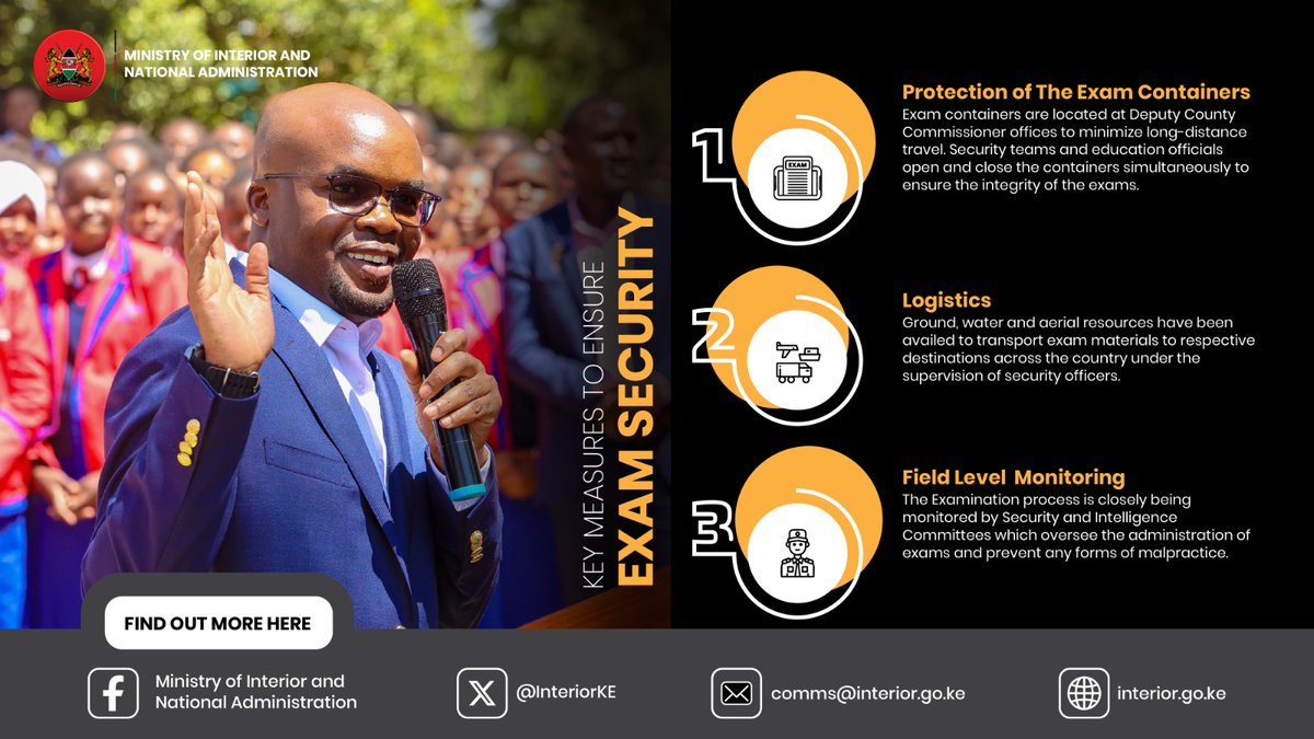 Ministry of Interior | Kenya (@interiorke) on Twitter photo Security measures for National exams have been significantly enhanced to curb irregularities.
We have implemented tight security protocols to safeguard the examination materials from any unauthorized access, while also monitoring the examination process.
<a href="/ngaosKE/">NGAOs</a> <a href="/NPSOfficial_KE/">National Police Service-Kenya</a> Security measures for National exams have been significantly enhanced to curb irregularities.
We have implemented tight security protocols to safeguard the examination materials from any unauthorized access, while also monitoring the examination process.
<a href="/ngaosKE/">NGAOs</a> <a href="/NPSOfficial_KE/">National Police Service-Kenya</a>