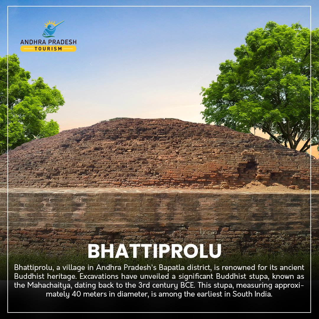 #Bhattiprolu, a village in #AndhraPradesh Bapatla district, is renowned for its ancient Buddhist heritage. Excavations have unveiled a significant #Buddhist stupa, known as the #Mahachaitya, dating back to the 3rd century BCE. #andharpradeshtourism