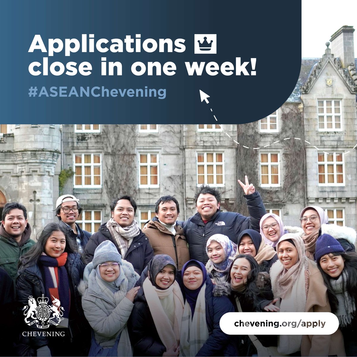 ukmissionasean's tweet photo. Only one week to go until applications for Chevening Scholarships close on 5 November!  

Find out if you could be part of the #ASEANChevening Scholar   https://t.co/3typCFch7G

#StudyUK #FutureLeaders https://t.co/Cl8fRfgTlN