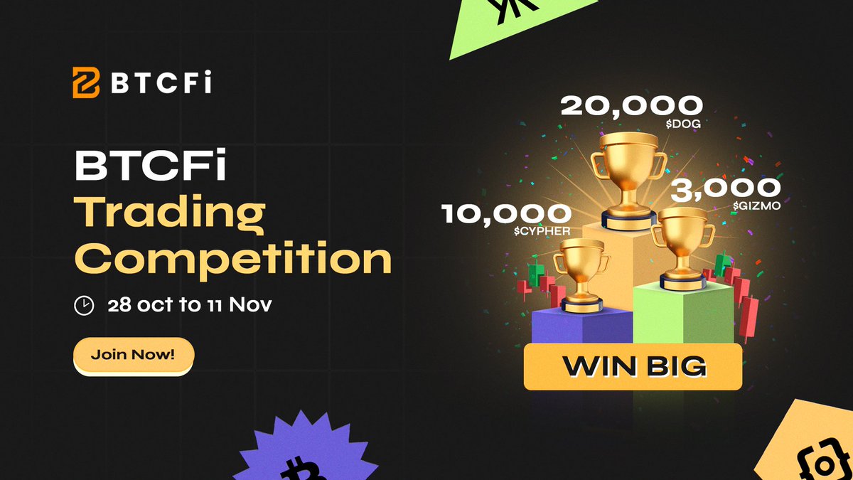 SATients's tweet photo. 🚨 BTCFi Trading Competition 🚨

Ready to trade and win BIG? 🤑

🗓️ Duration: 28 Oct - 11 Nov

🎯 Objective: Highest Trading Volume

🏆 Prizes for Top 3 Traders: 
1️⃣ 1st Place: 20,000 $DOG 🐶
2️⃣ 2nd Place: 3,000 $GIZMO 🦾
3️⃣ 3rd Place: 10,000 $CYPHER 💎

It's time to showcase your trading skills and climb the leaderboard! 🚀

📊 Start trading for your shot at victory: https://t.co/eOwen1Ou2O

#BTCFi #TradingCompetition #CryptoChallenge #BTC #Runes