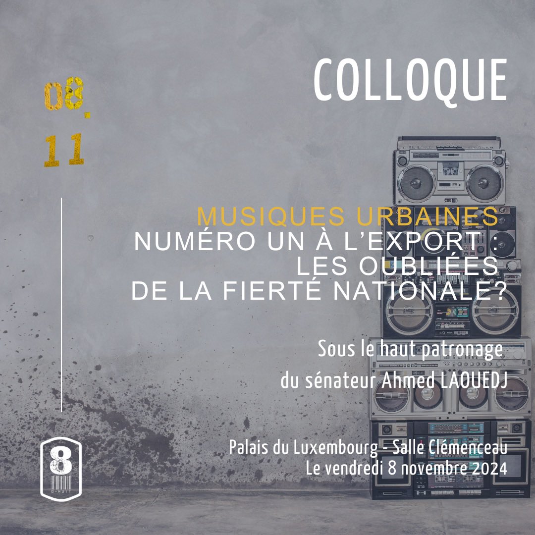 #Colloque #Rap #MusiquesUrbaines 🇫🇷

« Explorer les succès et les défis des musiques urbaines en France et à l’international et interroger leur place dans la fierté nationale »

Rendez-vous le 8 novembre au palais du Luxembourg <a href="/Ahmedlaouedj68/">Ahmed Laouedj</a> 

ℹ️ urlr.me/qgYrb