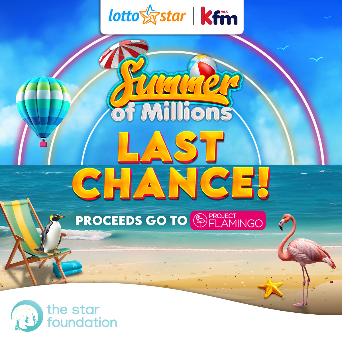 The countdown is on! It's the final week of <a href="/LottoStar/">LottoStar</a> Summer of Millions competition on <a href="/Kfm/">kfm</a> !

Don't miss your last chance to win big and raise funds for Project Flamingo to help women affected by breast cancer.

#SummerofMillions #BreastCancerAwareness #starfoundation