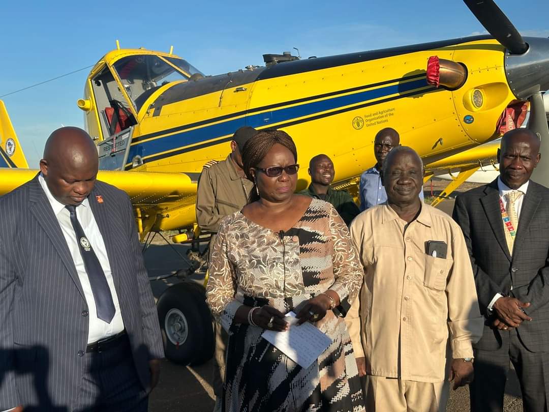FAOSouthSudan's tweet photo. 🚨 Exciting news! In partnership with @mafs_ss, @FAO has received a plane 🛩️ in Juba to support farmers in tackling pests &amp; #QueleaBird in the Upper Nile state.

This vital resource aims to protect the livelihoods of farmers.

Huge thanks to the @WorldBank!

📷 @EyeRadioJuba https://t.co/ryAa6szX42