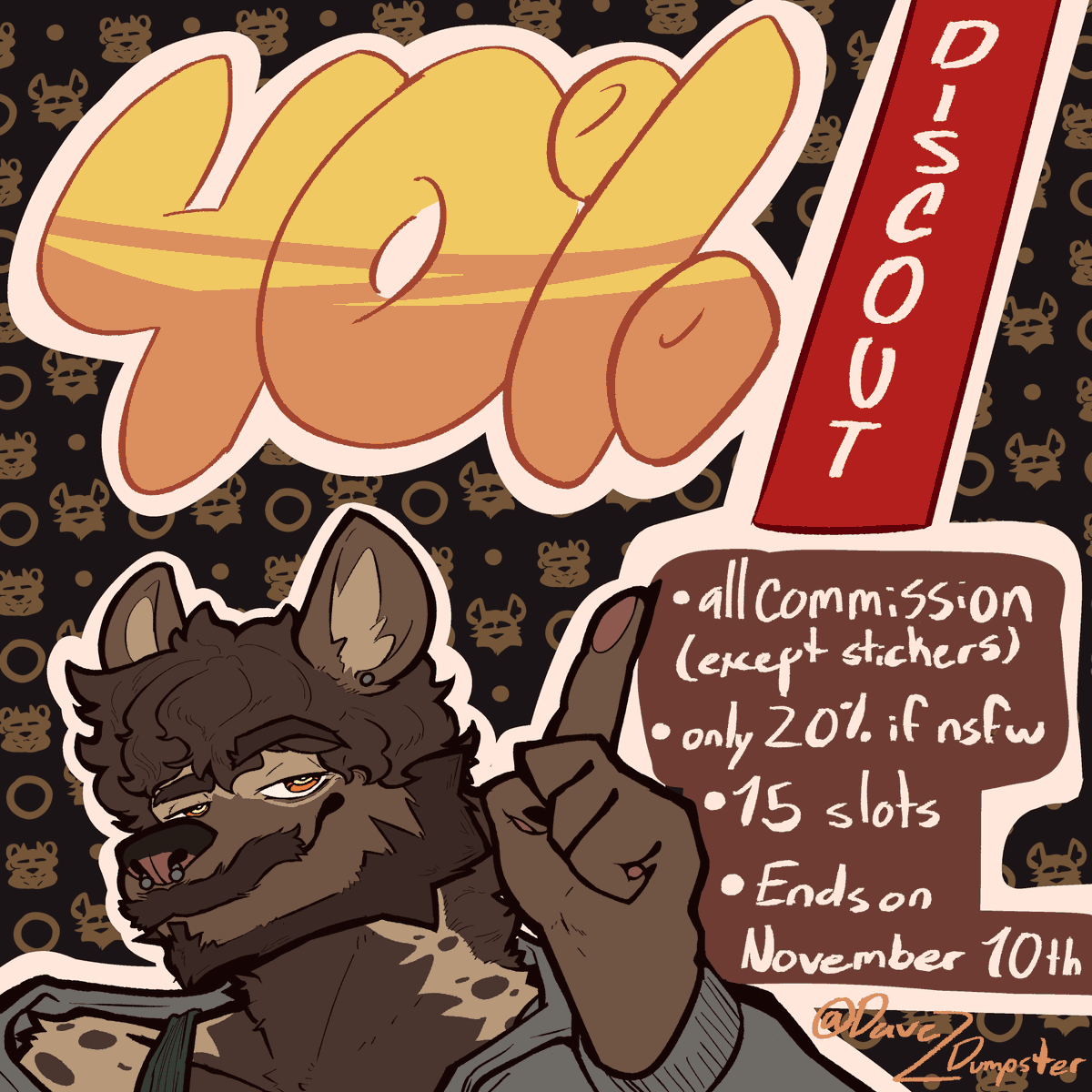 ‼40% OFF ON ANY COMMISSION (except stickers)‼
-15 slots.
-nsfw available (will only be 20% off and I won't it post here).
-Ends on November 10th.