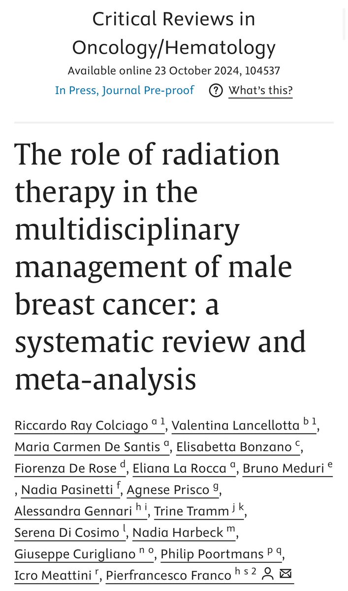 Role of ☢️ #radiotherapy in the multidisciplinary management of #male #breastcancer
#oncoalert #radonc 
👇🏼
doi.org/10.1016/j.crit…