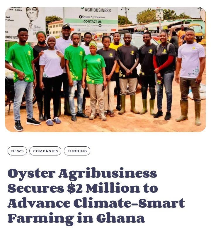 TheFounder_A's tweet photo. Ghana-based agri-tech innovator, Oyster Agribusiness, recently closed a $2 million funding round to expand its climate-resilient agricultural model. 

https://t.co/b11nTx4pDP https://t.co/I9OrKzerNI