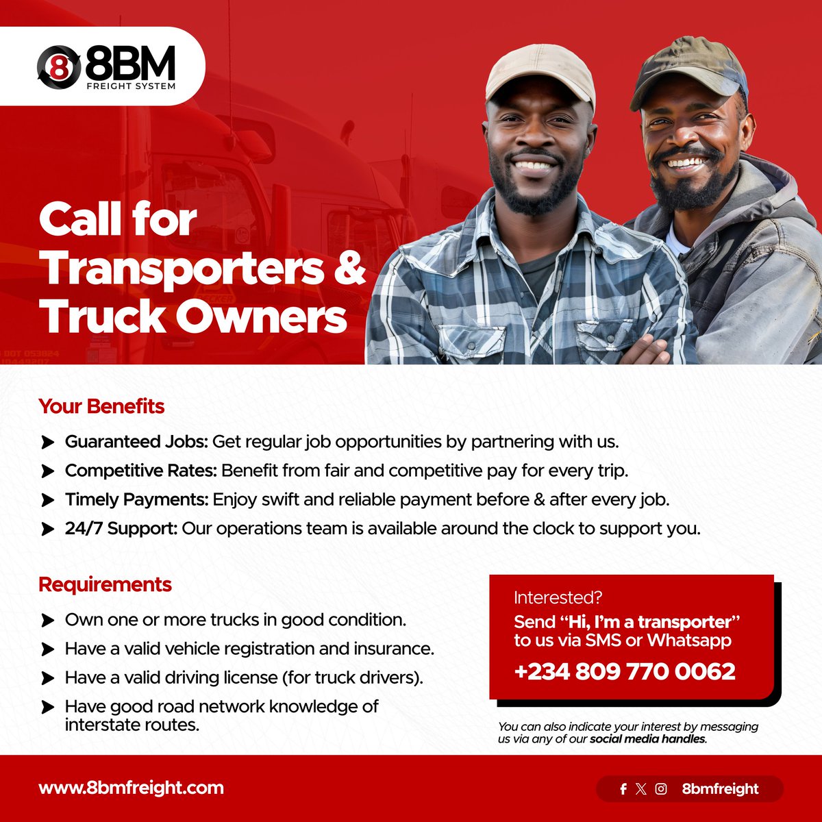 Transporters &amp; Truck Owners 🗣️

We bring you solutions to the headaches of trying to get your trucks on the road at fair and cheap rates.

(Check Thread)