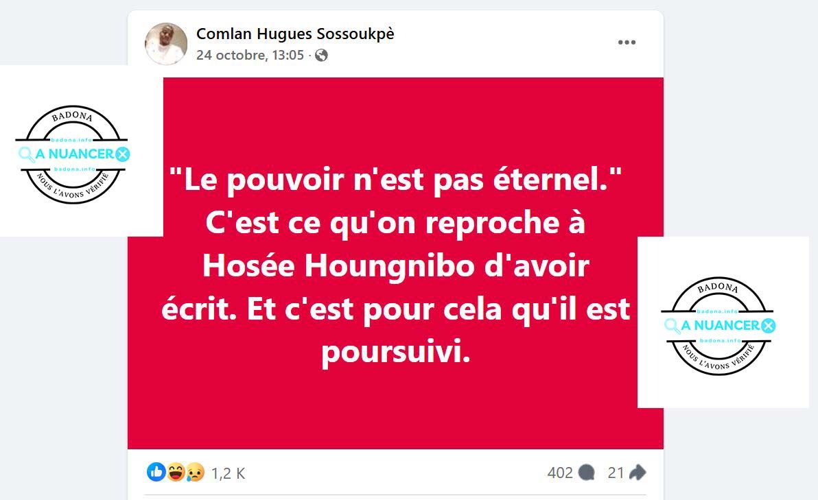 BadonaBenin's tweet photo. Au Bénin, l'activiste politique Hosée Houngnibo est poursuivi pour «incitation à la rébellion et  harcèlement par voie électronique» et non pour avoir écrit "Le pouvoir n'est pas éternel".
@ab_benin @parebenin @USEmbassyBenin @AfricaCheck_Fr @Paff_Africa https://t.co/6astaiVDNR