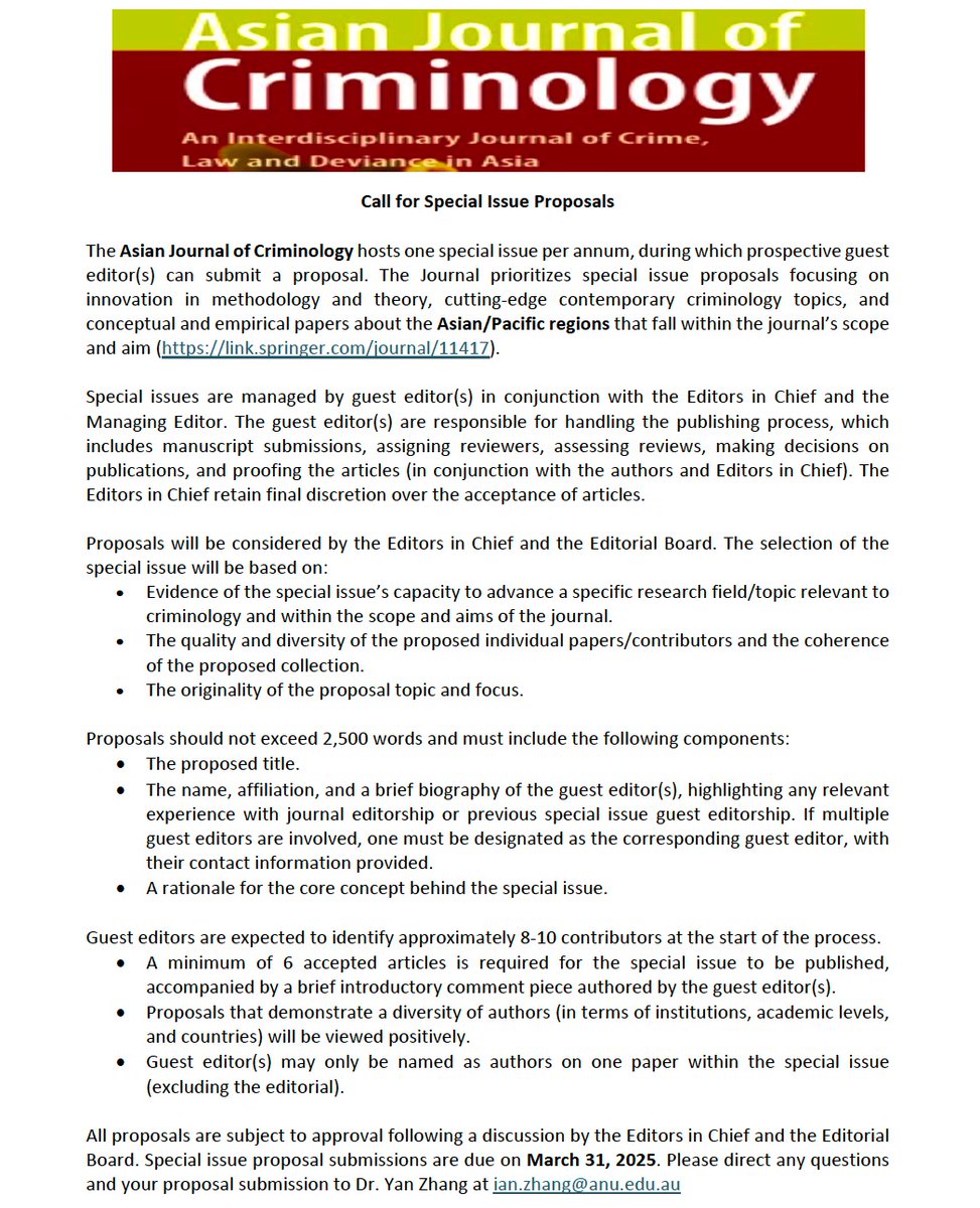 Call for special issue proposals—deadline March 31, 2025. Send your proposals to Dr. Yan Zhang at ian.zhang@anu.edu.au