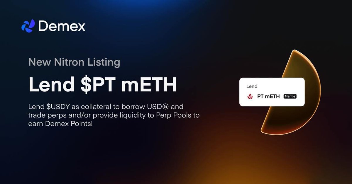 demex_intern's tweet image. PT $mETH has launched on Nitron, Demex’s cross-chain money market!

in collaboration with Mantle, this launch brings powerful DeFi tools to the Mantle ecosystem. more assets, trading pairs, and competitions are on the way.

dive into 🧵 or read the blog ↓
blog.dem.exchange/launching-pt-m…
