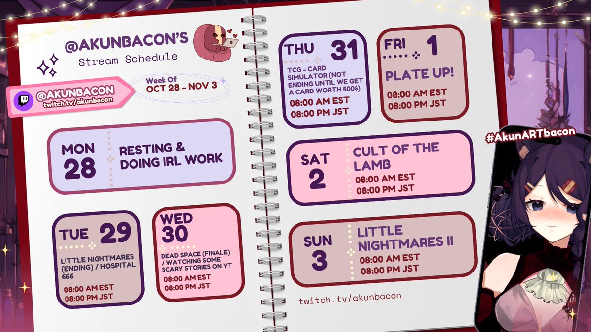 AkunBacon's tweet photo. [REPOSTING cause I forgot to change the dates] 🥲

Schedule for this week~! (づ ￣ ³￣)づ🥓
━━✫・*。

🥓General: #Akunbacon
🥓LIVE: #BaconLIVE
🥓Art: #AkunARTbacon

⌜#ENVtubers • #Vtubers • #VtuberUprisings https://t.co/fPYticbFcR