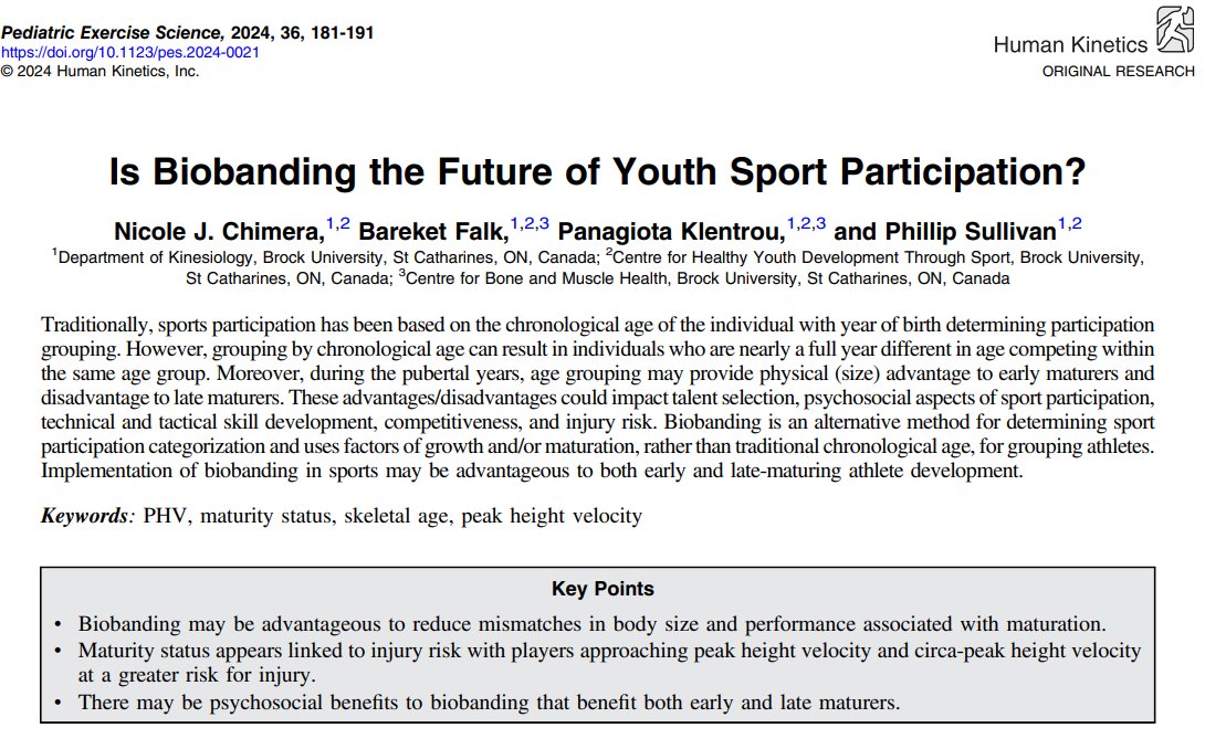 Chimera et al. found that biobanding, which categorizes athletes by growth and maturation rather than age, may benefit both early- and late-maturing athletes. Read: journals.humankinetics.com/view/journals/…