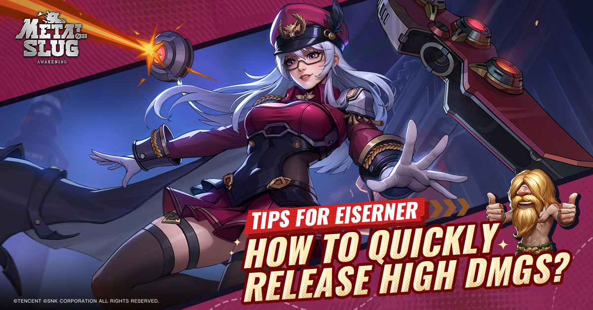 MetalSlugAwaken's tweet photo. #MetalSlugAwakening #Eiserner #DamageTips

Metal Slug Mission Start!

To achieve high damage  with Eiserner, it is essential to understand not only her basic skills but also how to quickly activate the Floating Pod to unleash laser strikes. Here are some tips we have prepared for you!

Weapon recommendation:
As Eiserner's laser strikes will gradually increase in frequency during overload status, and the damage of laser strikes will also be based on the weapon's maximum ammo capacity. To fully utilize this characteristic of Eiserner, we recommend equipping her with a weapon that has high fire rate and high ammo capacity. This makes the newly added Weapon Laser Gun a perfect match, as it can not only quickly accumulate energy but also enhance laser damage.

Tactical Analysis:
To further increase Eiserner's damage, commanders need to understand her tactical mechanisms. After activating the tactic "Cruise Circuit," the Floating Pod will inherit Eiserner's critical hit rate attribute and gain a certain summoning damage bonus, enhancing the Floating Pod's laser strike damage. Following the activation of the tactic "Floating Sniper," each time she enters the laser striking state, her weapon shooting damage will briefly increase, causing enemies to suffer a dual strike.

Upon laser hit, under the bonus of the "Floating Sniper" tactic, Eiserner's attack power can be further enhanced, maximizing damage! Of course, there are other tactics waiting for commanders to discover! Everyone should give them a try~