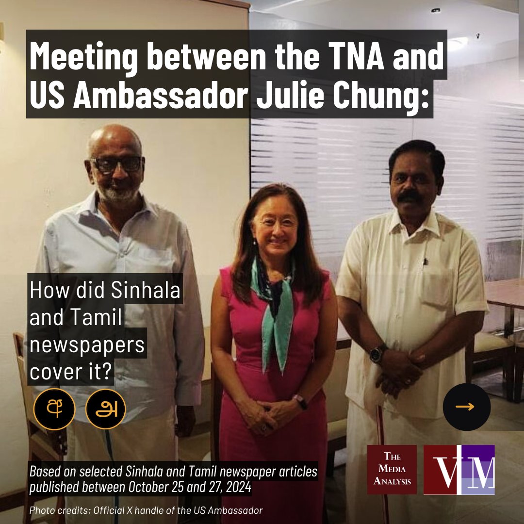 verite_tma's tweet photo. During a visit to #Jaffna, @USAmbSL met with former TNA MPs @ImShritharan &amp; D. Sithadthan

How did Sinhala &amp; Tamil newspapers cover it?

#Media #TheDividelk https://t.co/8Fw95aMpJf