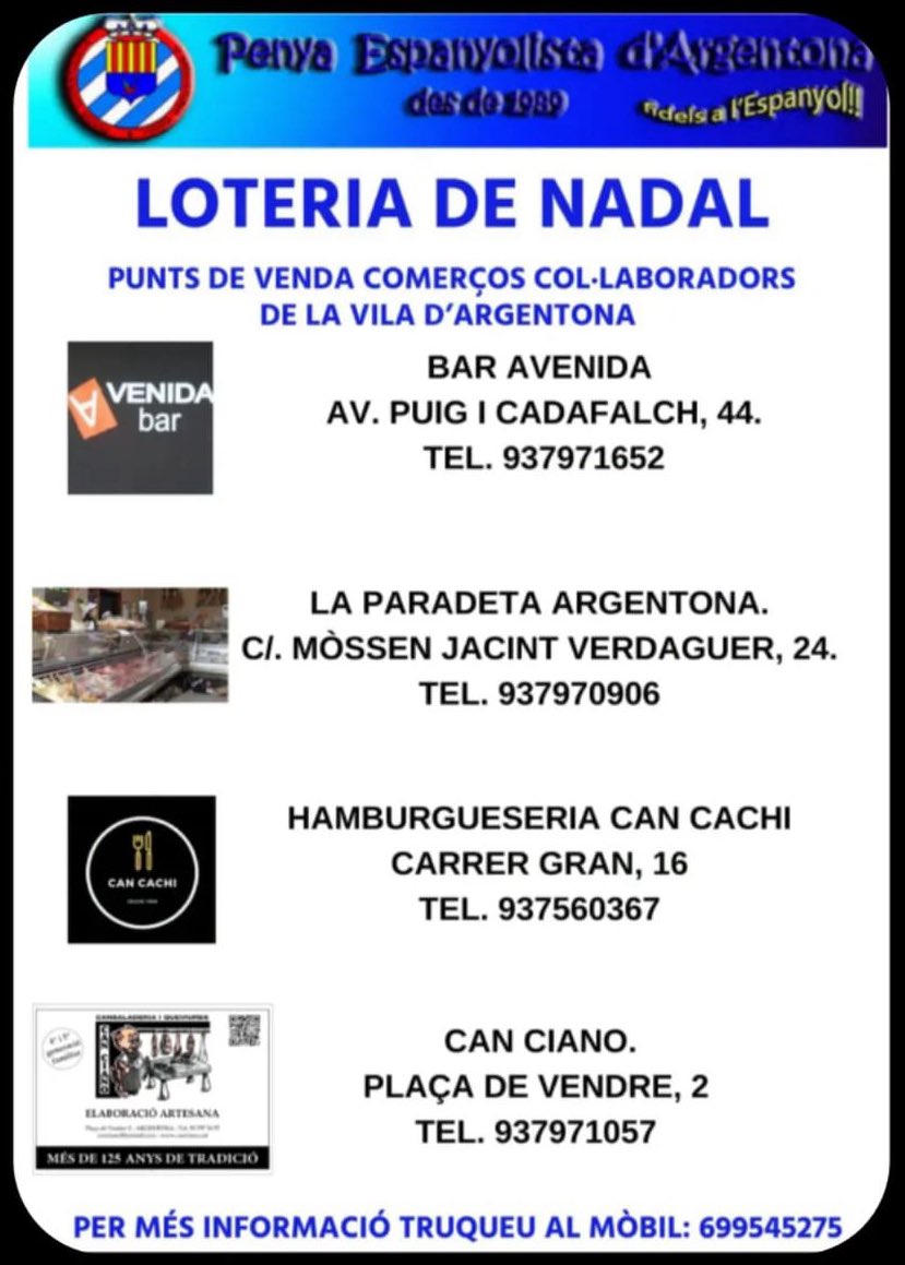 Ja la tenim aquí, la Loteria de la Penya, la podreu trobar en aquests establiments de la vila, i a qualsevol membre de la junta, mes informació, al 699 54 52 75 #Argentona #fcpe #rcde