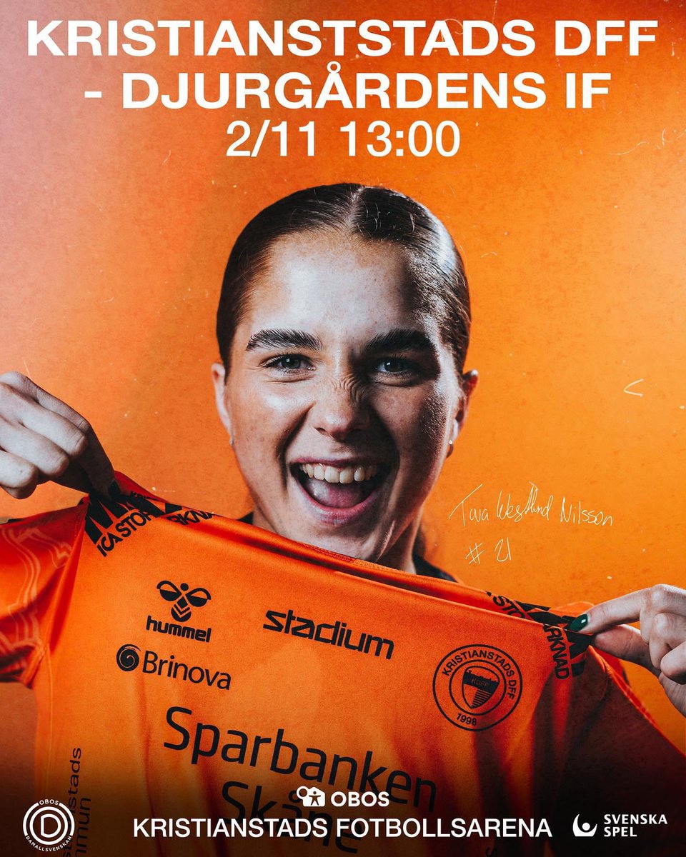 Come to the arena on Saturday &amp; support us in the last home game of the year👊

🆚 Djurgården IF
🏟️ Kristianstad Football Arena
🗓️ November 2, 13.00
🎟️ KDFF.nu or on site
📺 @viaplayfotboll
❌ Bag ban applies, full search 

#kdff #kdfffamiljen #obosdamallsvenskan