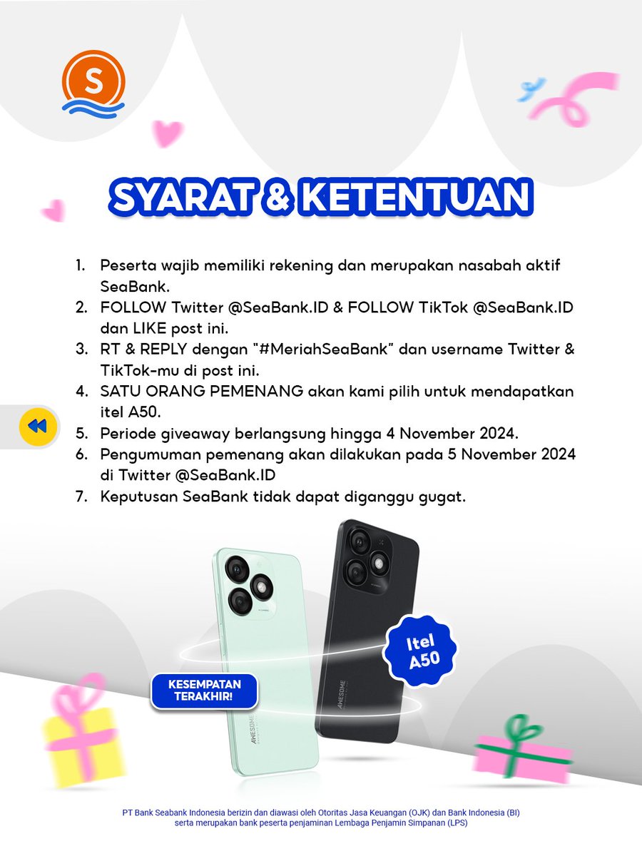 SeaBankID's tweet photo. KESEMPATAN TERBATAS: ITEL A50! 🫶
#MeriahSeaBank

Caranya cuma:
1. FOLLOW Twitter @SEABANKID &amp; TIKTOK @SEABANK.ID
2. LIKE &amp; RT Tweet ini
3. REPLY "MERIAH SEABANK" serta username TikTok kamu minimal 10x
4. TAG TEMAN KAMU

Selengkapnya CEK di slide ke 2! https://t.co/OXMERMwwvF